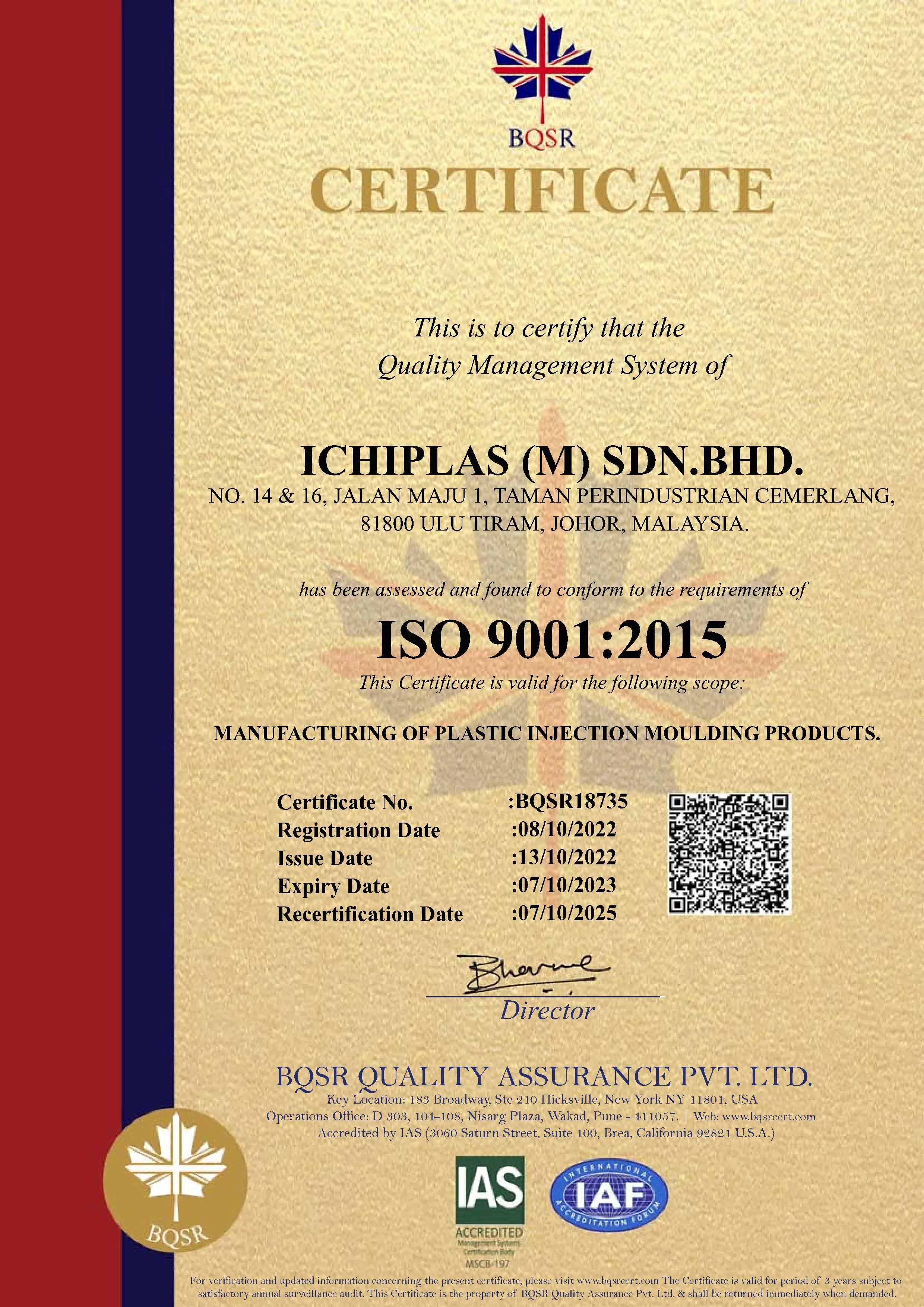 ISO 9001:2015 certification for Ichiplas quality management system