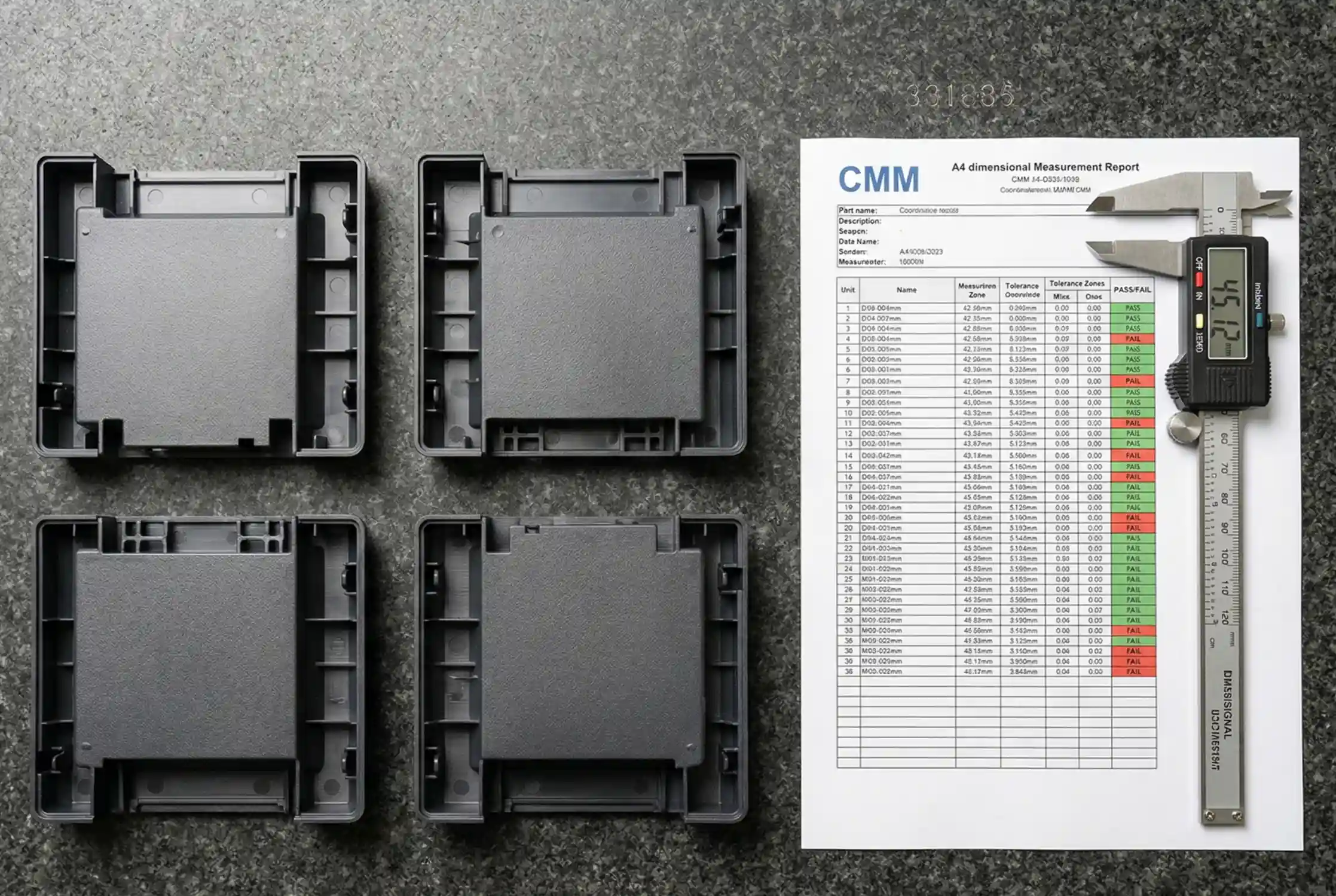 Four mid-complexity injection molded parts with cosmetic finishes