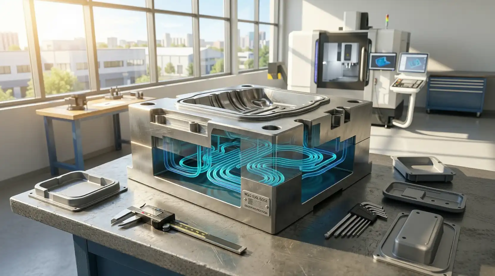 Conformal cooling channels in an injection mold following part contours